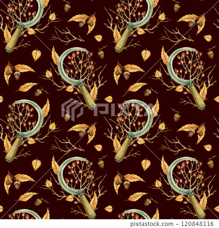 Sickle, viburnum, bare tree branches, acorns, autumn leaves on a dark background. All objects are hand-drawn with watercolors, seamless pattern. For printing on fabric, textiles, notebook covers. 120848116