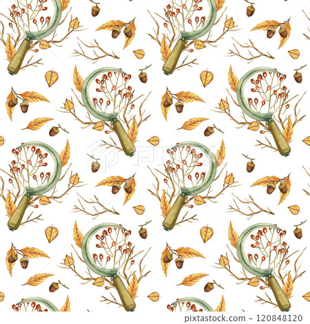 Sickle, viburnum, bare tree branches, acorns, autumn leaves on a white background. All objects are hand-drawn with watercolors, seamless pattern. For printing on fabric, textiles, notebook covers. Sickle, viburnum, bare tree branches, acorns, autumn leaves on a white background. All objects are hand-drawn with watercolors, seamless pattern. For printing on fabric, textiles, notebook covers. 120848120