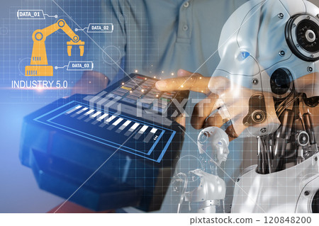 Concept of robot control in industry, Industry 5.0 Concept of robot control in industry, Industry 5.0 120848200