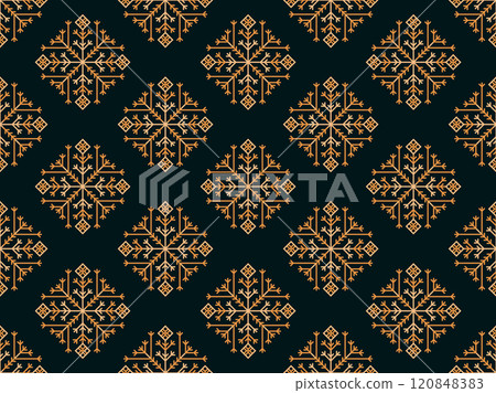 Snowflakes seamless pattern. Winter background with geometric snowflakes of different shapes. Christmas and New Year design for wrapper, banner, and poster. Vector illustration 120848383