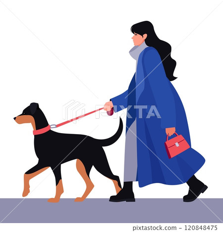 Woman Walking Dog in Winter Coat, Flat Vector Illustration Woman Walking Dog in Winter Coat, Flat Vector Illustration 120848475
