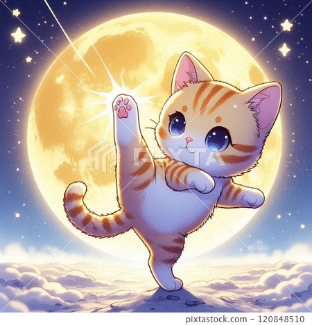 Illustration of a cat training under a full moon 120848510