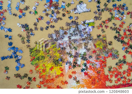 A background image of pile of mixed colorful jigsaw Puzzle pieces set scattered . Messy chaotic concept. Close up. Top view 120848603