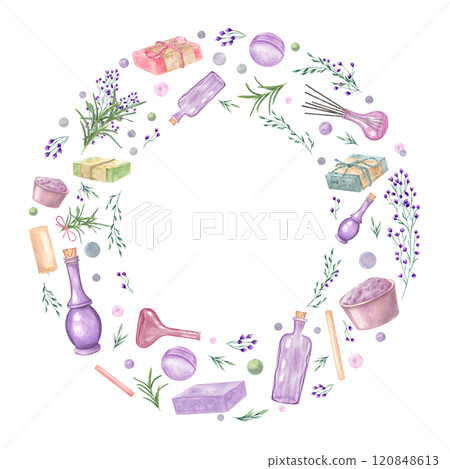 Watercolor Candle, bowl with salt, lavender, herbs, bottle, soap bars, bath bomb wreath isolated background. Spa objects floral illustration for greetings. Round frame with empty space for text Watercolor Candle, bowl with salt, lavender, herbs, bottle, soap bars, bath bomb wreath isolated background. Spa objects floral illustration for greetings. Round frame with empty space for text 120848613