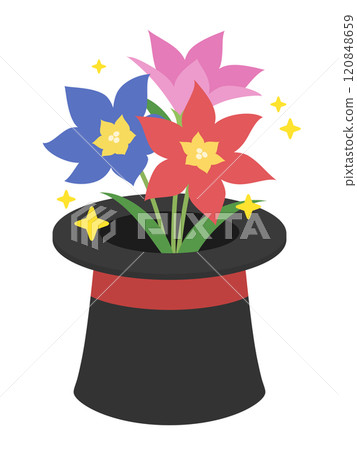 Illustration of flowers popping out of a top hat by magic Illustration of flowers popping out of a top hat by magic 120848659