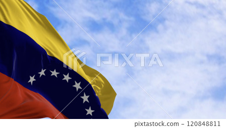 Close-up of Venezuela national flag waving on a clear day 120848811
