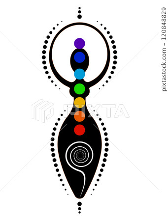 Wiccan Woman spiral goddess of fertility and Seven chakras. Energy body, pagan symbols, cycle of life, death and rebirth, meditation. Wicca vector tattoo sign icon isolated on white background  120848829