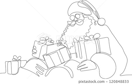 One continuous line drawing Santa Claus on reindeer and sled. concept for Christmas and New Year. vector illustration. Vector illustration 120848833