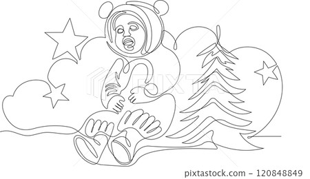 One continuous line drawing Santa Claus on reindeer and sled. concept for Christmas and New Year. vector illustration. Vector illustration One continuous line drawing Santa Claus on reindeer and sled. concept for Christmas and New Year. vector illustration. Vector illustration 120848849