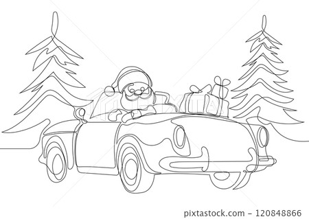 One continuous line drawing Santa Claus on reindeer and sled. concept for Christmas and New Year. vector illustration. Vector illustration One continuous line drawing Santa Claus on reindeer and sled. concept for Christmas and New Year. vector illustration. Vector illustration 120848866