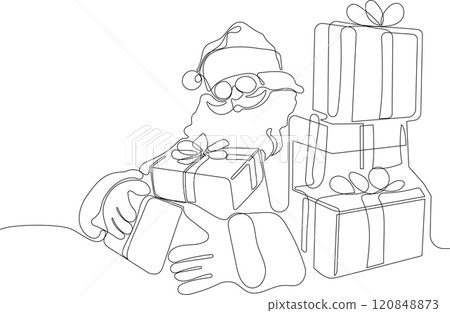 One continuous line drawing Santa Claus on reindeer and sled. concept for Christmas and New Year. vector illustration. Vector illustration One continuous line drawing Santa Claus on reindeer and sled. concept for Christmas and New Year. vector illustration. Vector illustration 120848873