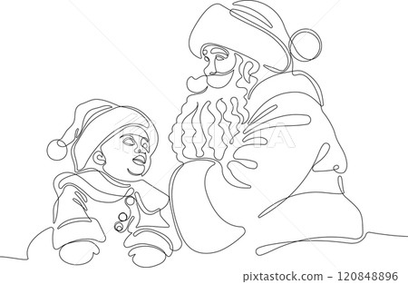One continuous line drawing Santa Claus on reindeer and sled. concept for Christmas and New Year. vector illustration. Vector illustration One continuous line drawing Santa Claus on reindeer and sled. concept for Christmas and New Year. vector illustration. Vector illustration 120848896