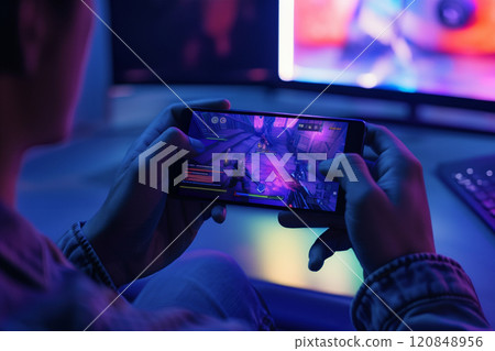 Gamer Engaged in Mobile Esports Competition 120848956