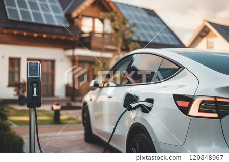 Electric Car Charging at Modern Solar-Powered Home 120848967