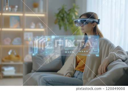 woman with AR glasses, immersed in a virtual interface and shopping in clothing store online 120849008