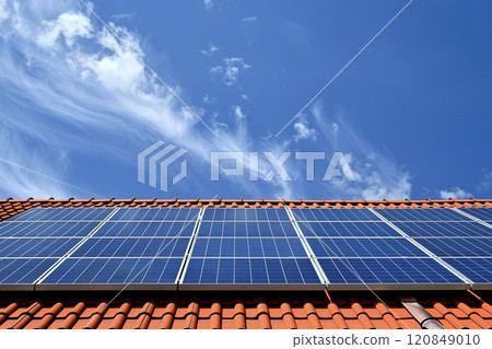 Solar Panels on Red Tiled Roof Under Blue Sky 120849010