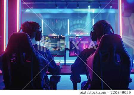 gamers intensely focused on their screens, competing in a brightly lit esports arena 120849039