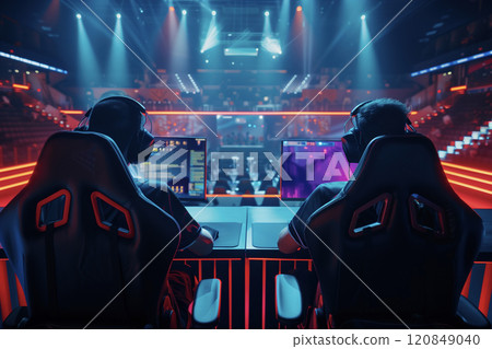 Two esports players intensely focused on their game during a competitive tournament 120849040