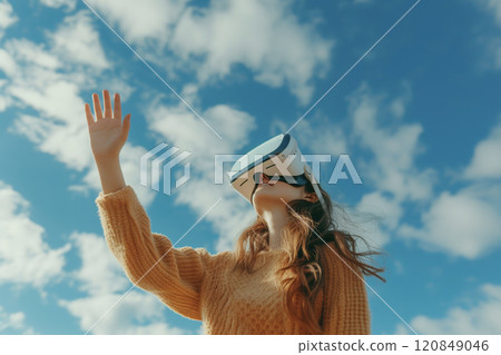 woman in VR headset reaches skyward, immersed in a virtual world against a fluffy clouds. woman in VR headset reaches skyward, immersed in a virtual world against a fluffy clouds. 120849046