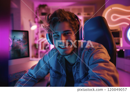 Smiling Gamer Enjoying Night Gaming Session 120849057