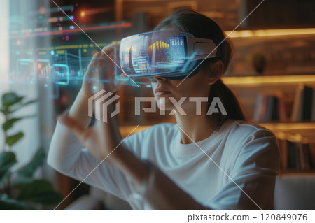 woman interacts with a spatial data interface using her VR headset at home 120849076
