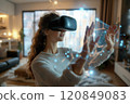 Woman Engaging with Augmented Reality in Living Room 120849083