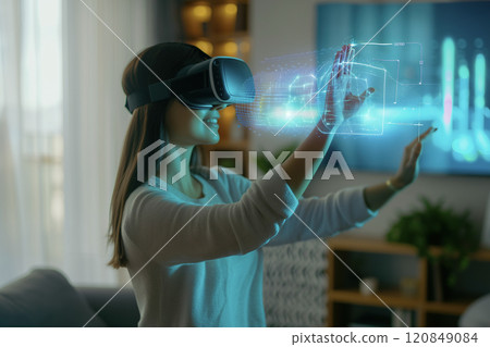 Woman Interacting with Augmented Reality Hologram Woman Interacting with Augmented Reality Hologram 120849084