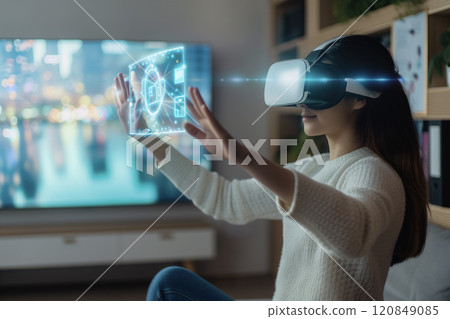 Woman Using VR Headset with Augmented Reality Interface Woman Using VR Headset with Augmented Reality Interface 120849085