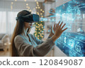 Woman Using VR Headset with Holographic Interface 120849087