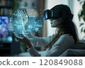 Woman Interacting with Holographic Data in VR 120849088