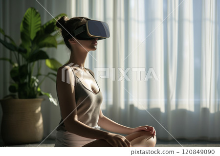 Calm female practice yoga in virtual reality online at home. Calm female practice yoga in virtual reality online at home. 120849090