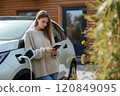 Young Woman Using Smartphone by Electric Car 120849095