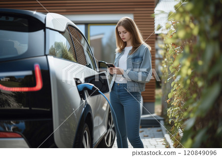 Focused Woman Checking Phone While Charging Car 120849096