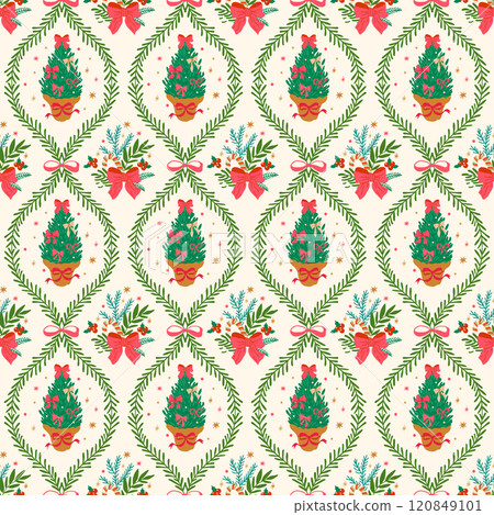 Coquette Christmas tree and bows seamless pattern. Preppy retro damask winter holiday wallpaper, vector print Coquette Christmas tree and bows seamless pattern. Preppy retro damask winter holiday wallpaper, vector print 120849101