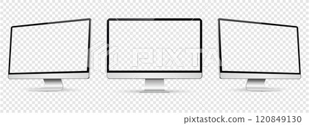 Computer display on three sides with transparent screen. Realistic computer screen mockup. Computer display on three sides with transparent screen. Realistic computer screen mockup. 120849130