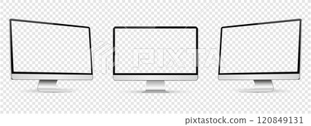 Realistic computer screen mockup. Computer display on three sides with empty screen isolated on transparent background Realistic computer screen mockup. Computer display on three sides with empty screen isolated on transparent background 120849131