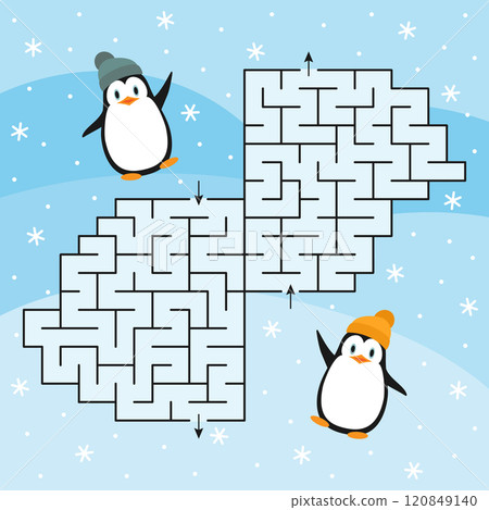 Two adorable penguins are standing closely together in an elaborate maze 120849140
