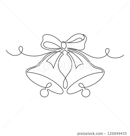 Continuous one line drawing of Christmas bells icon with bow. Illustration for postcard, greeting card decoration. 120849435