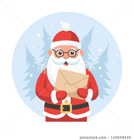 Cute Santa Claus with a letter in his hands on the background of a winter landscape. Christmas illustration in a flat style. 120849439