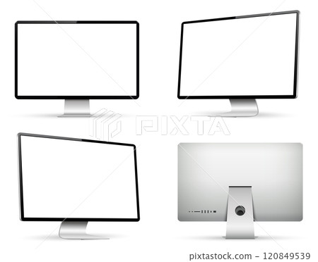 Realistic computer screen mockup. Computer display on four sides with blank screen. 120849539