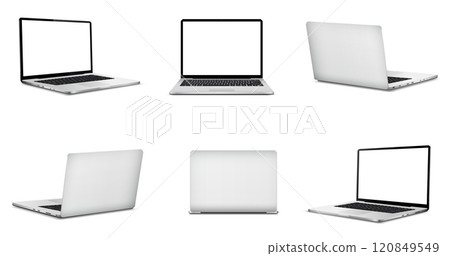 Laptop computer mockup with white screen, front and rear view 120849549