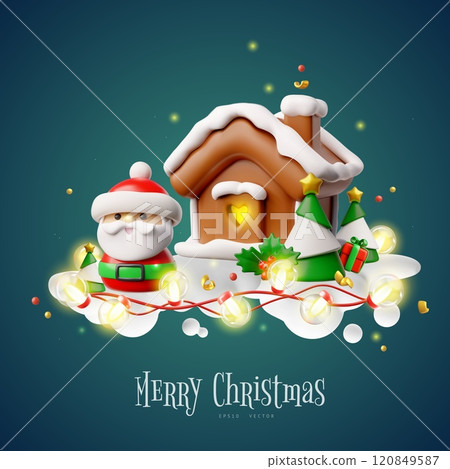 Merry Christmas 3D cartoon vector design, Santa Claus, gingerbread house, pine trees and glowing garland on clouds Merry Christmas 3D cartoon vector design, Santa Claus, gingerbread house, pine trees and glowing garland on clouds 120849587