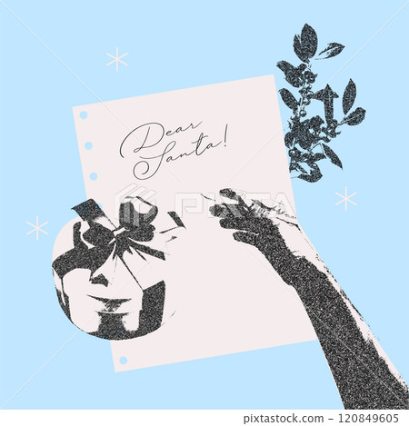 Vintage Christmas collage with hand writing a letter to dear Santa and gift box and holly branch. Photocopy halftone collage style illustration. Vector concept for poster, banner 2025 celebration. Vintage Christmas collage with hand writing a letter to dear Santa and gift box and holly branch. Photocopy halftone collage style illustration. Vector concept for poster, banner 2025 celebration. 120849605
