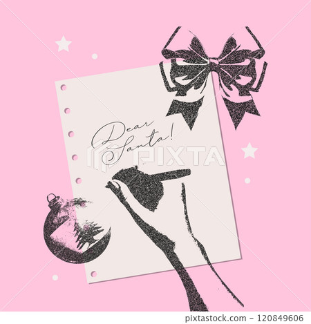 Female hand writing letter to Dear Santa Claus. Stippling Christmas style. Minimal composition with bow and xmas tree ball. Vector illustration Female hand writing letter to Dear Santa Claus. Stippling Christmas style. Minimal composition with bow and xmas tree ball. Vector illustration 120849606