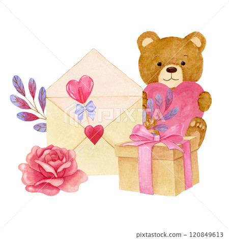 Watercolor composition of gift, envelope, roses, heart-shaped candy and teddy bear with pink heart. 120849613