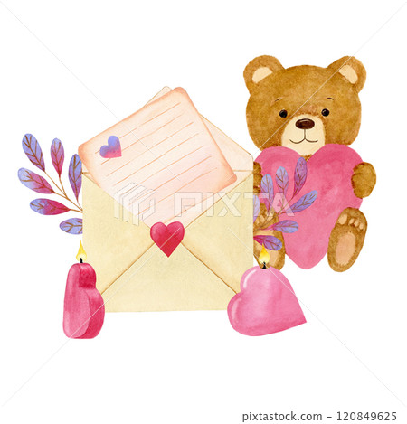 Watercolor composition with envelope, teddy bear with pink heart, heart-shaped candles and note. Watercolor composition with envelope, teddy bear with pink heart, heart-shaped candles and note. 120849625