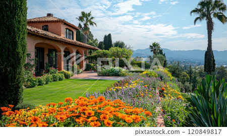 Mediterranean villa with lush garden overlooking scenic mountain landscape 120849817