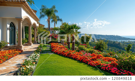 Mediterranean villa with lush garden overlooking ocean on a sunny day 120849818