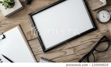 Empty black photo frame and office supplies on wooden desk 120849820
