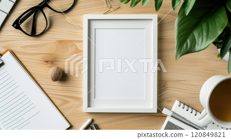 Blank picture frame on wooden desk with coffee, plants, and office supplies 120849821